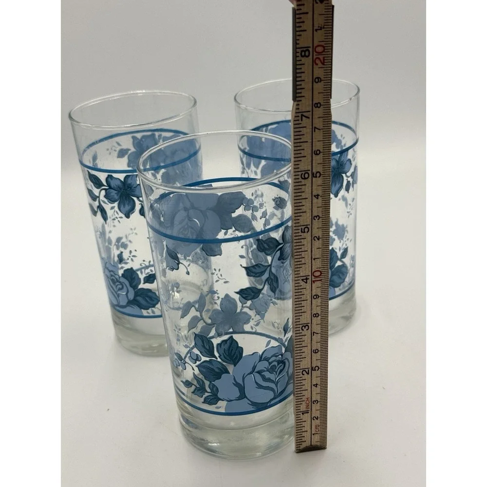 Corning Blue Velvet Tumblers Glasses Set of 3 Blue Floral 16 Oz Drinking Glasses